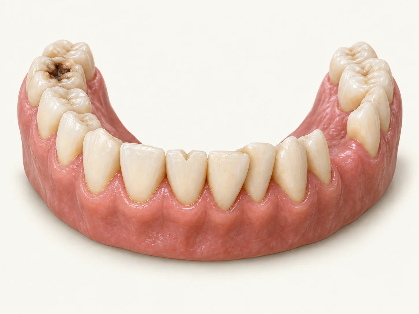 Illustrated lower teeth showing a dark cavity in the left back molar, a chipped front tooth, overlapping front teeth, and a missing tooth on the right.
