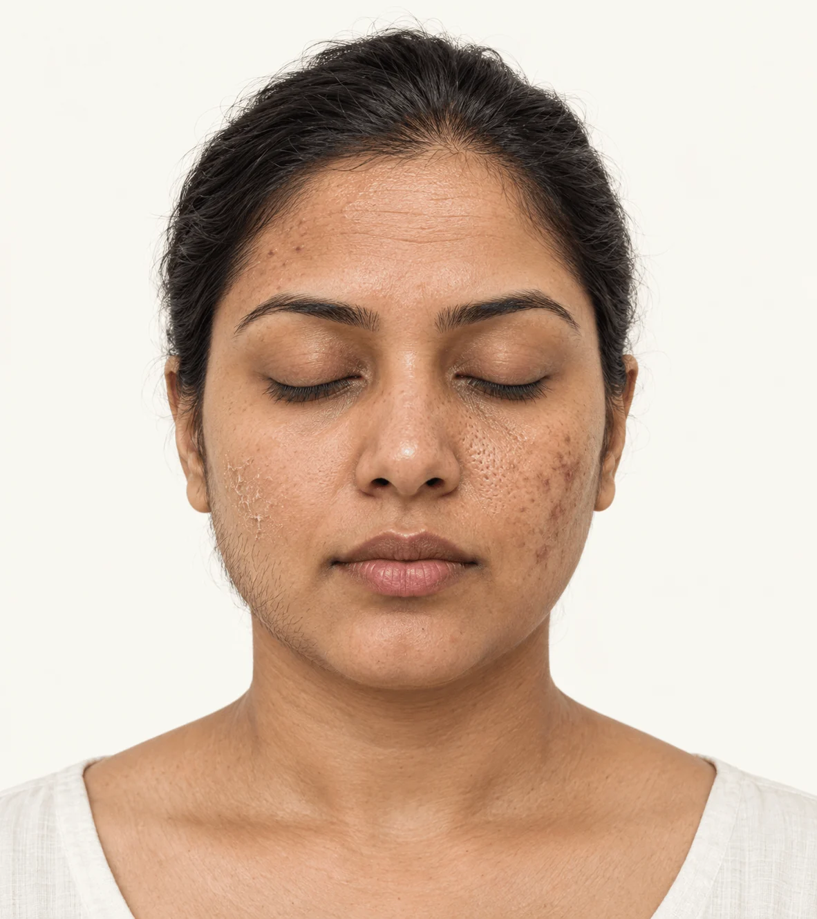 Realistic educational face illustration showing forehead fine lines, pigmentation and acne marks on the right cheek, enlarged pores beside the nose, dry skin on the left cheek, and fine facial hair along the jaw.